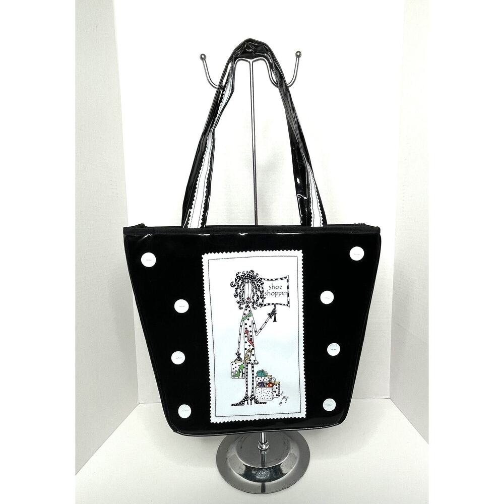 Whimsical Black/White Polka Dot Vinyl Lined Shopper Tote Bag Shoulder Straps